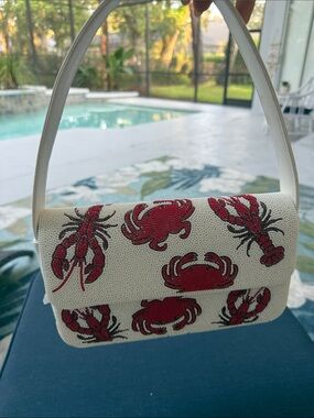 White Beaded Mini Shoulder Bag with Red Crab & Lobster Motif